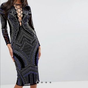 Asos beaded embroidered dress black and blue